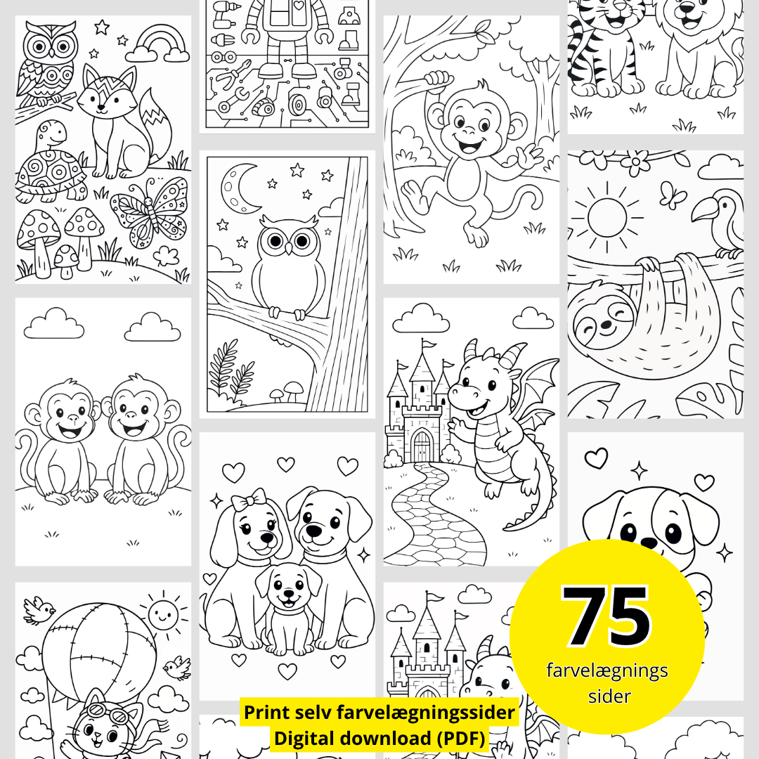 75 søde cartoon-dyr til farvelægning | Print selv malebog for børn (PDF-download)
