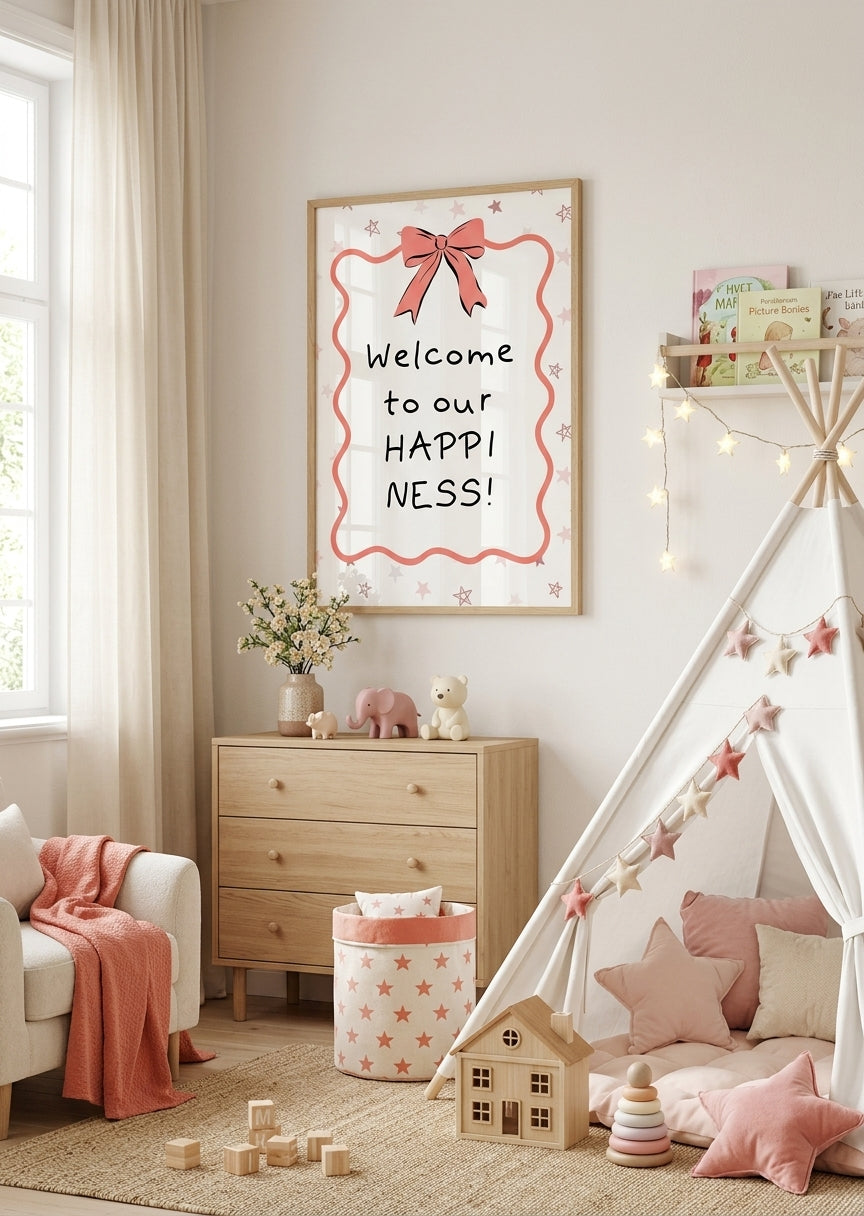 Citatplakat 'Welcome to our happiness' til børneværelset