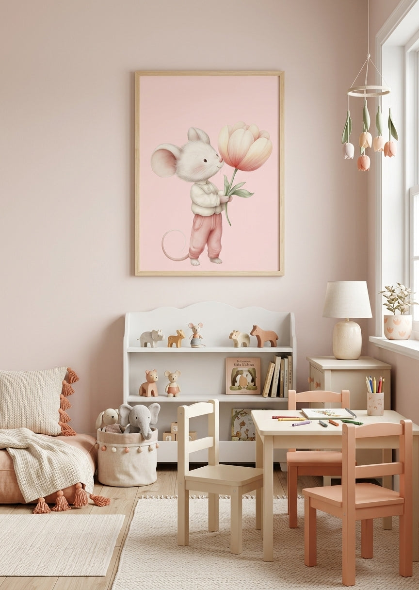 Børneplakat med mus og blomst til børneværelset