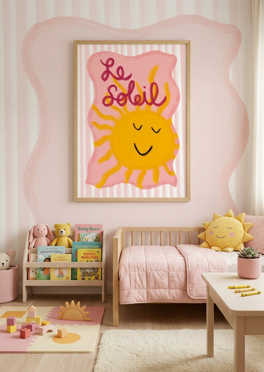 Børneplakat med smilende lyserød sol til børneværelset