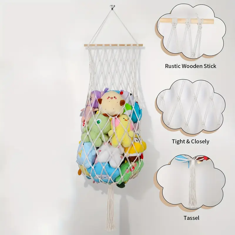 Opbevaringsnet til bamser og legetøj – hængende macrame net til børneværelset