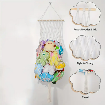Opbevaringsnet til bamser og legetøj – hængende macrame net til børneværelset