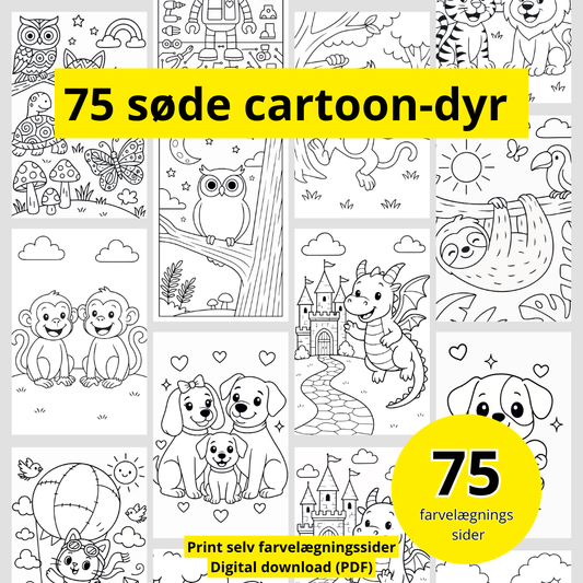 75 søde cartoon-dyr til farvelægning | Print selv malebog for børn (PDF-download)