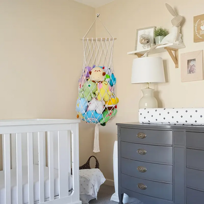 Opbevaringsnet til bamser og legetøj – hængende macrame net til børneværelset