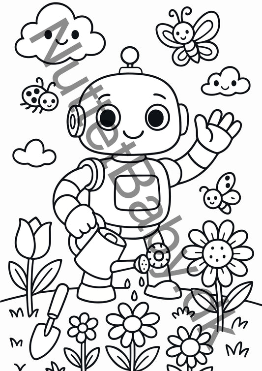 Robot vander blomster farvelægning til børn