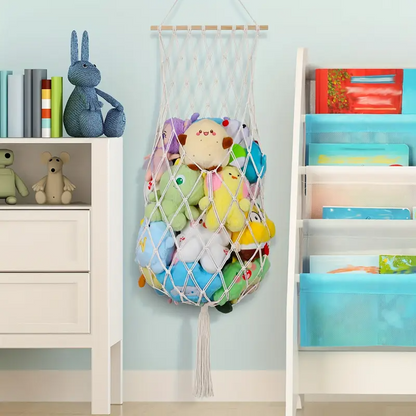 Opbevaringsnet til bamser og legetøj – hængende macrame net til børneværelset