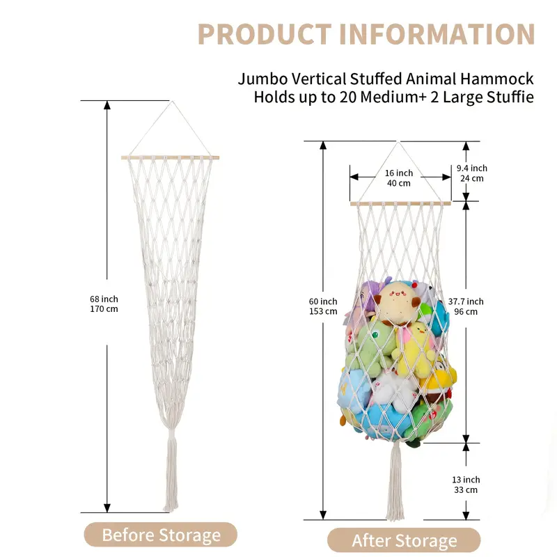 Opbevaringsnet til bamser og legetøj – hængende macrame net til børneværelset