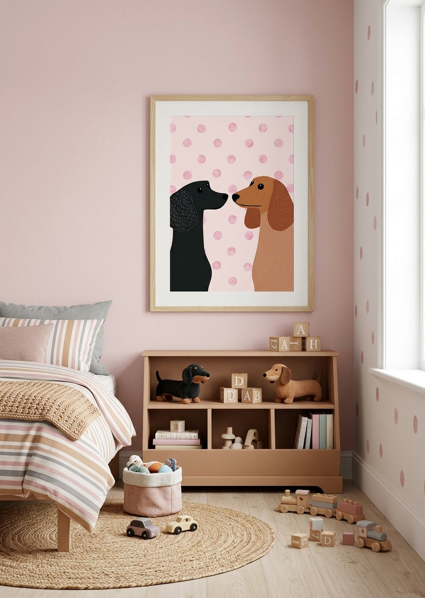 Børneplakat med to forelskede hunde og hjerter til børneværelset