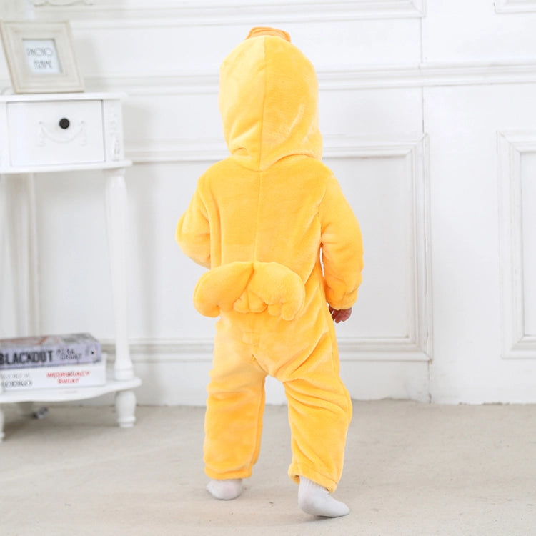 En gullig och mjuk gul anddräkt för barn, gjord av bekvämt flanellmaterial. Dräkten har en orange mage och en söt huva med ett detaljerat andeansikte, komplett med en orange näbb och ögon, perfekt för rolig utklädnad eller maskerad.