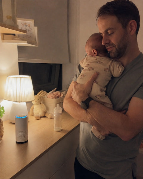 LullaAir™ Mini på kommoden i barneværelset, mens en far holder sin baby